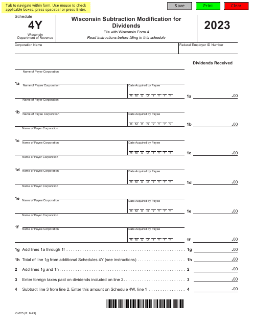 Form IC-025 Schedule 4Y 2023 Printable Pdf