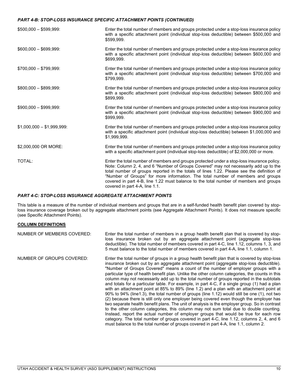 Instructions for Utah Accident and Health Survey (Aso Supplement) - Utah, Page 10