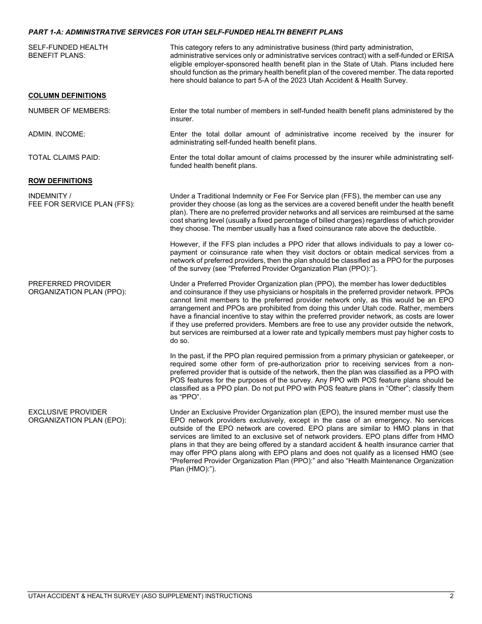 Instructions for Utah Accident and Health Survey (Aso Supplement) - Utah, Page 2