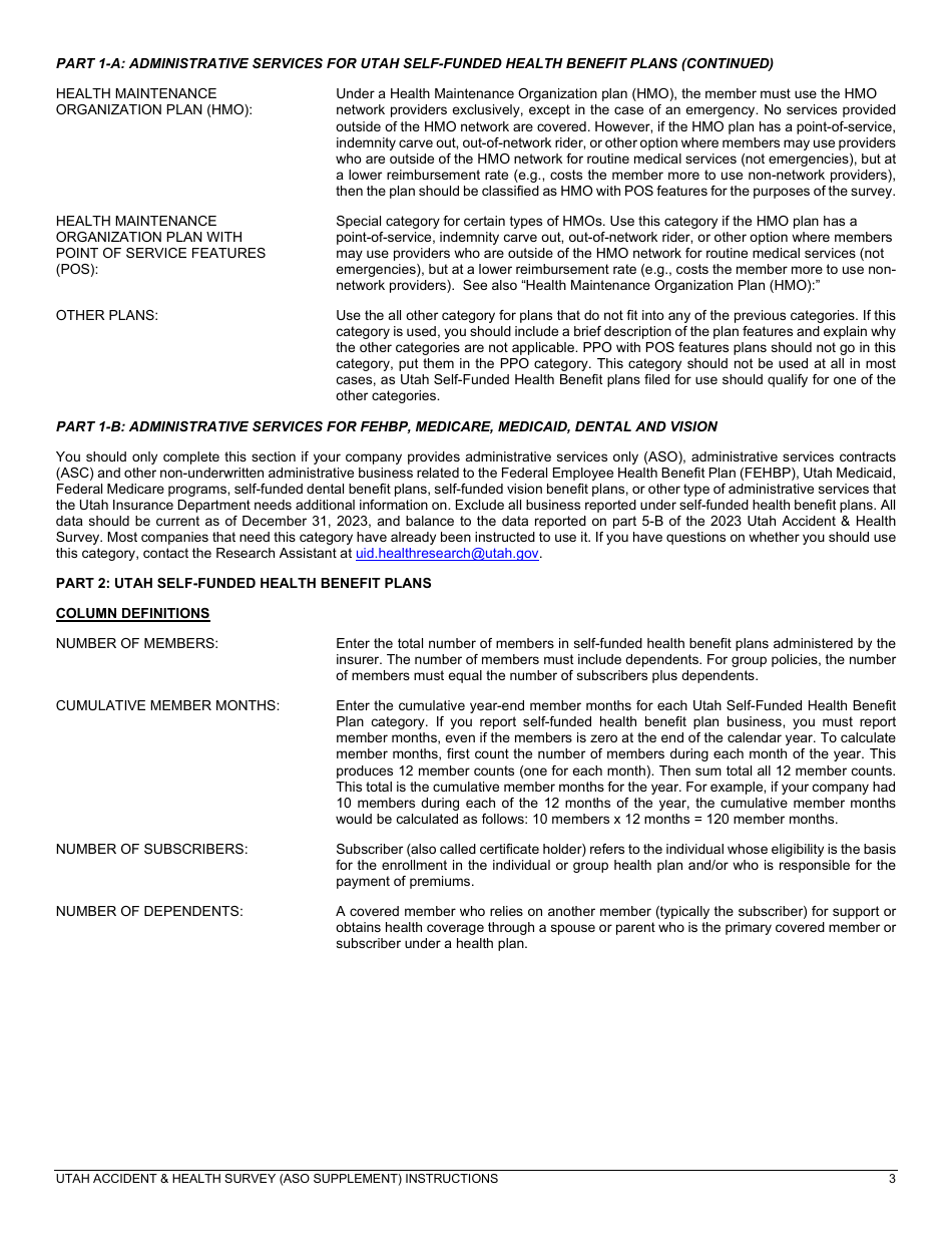 Instructions for Utah Accident and Health Survey (Aso Supplement) - Utah, Page 3