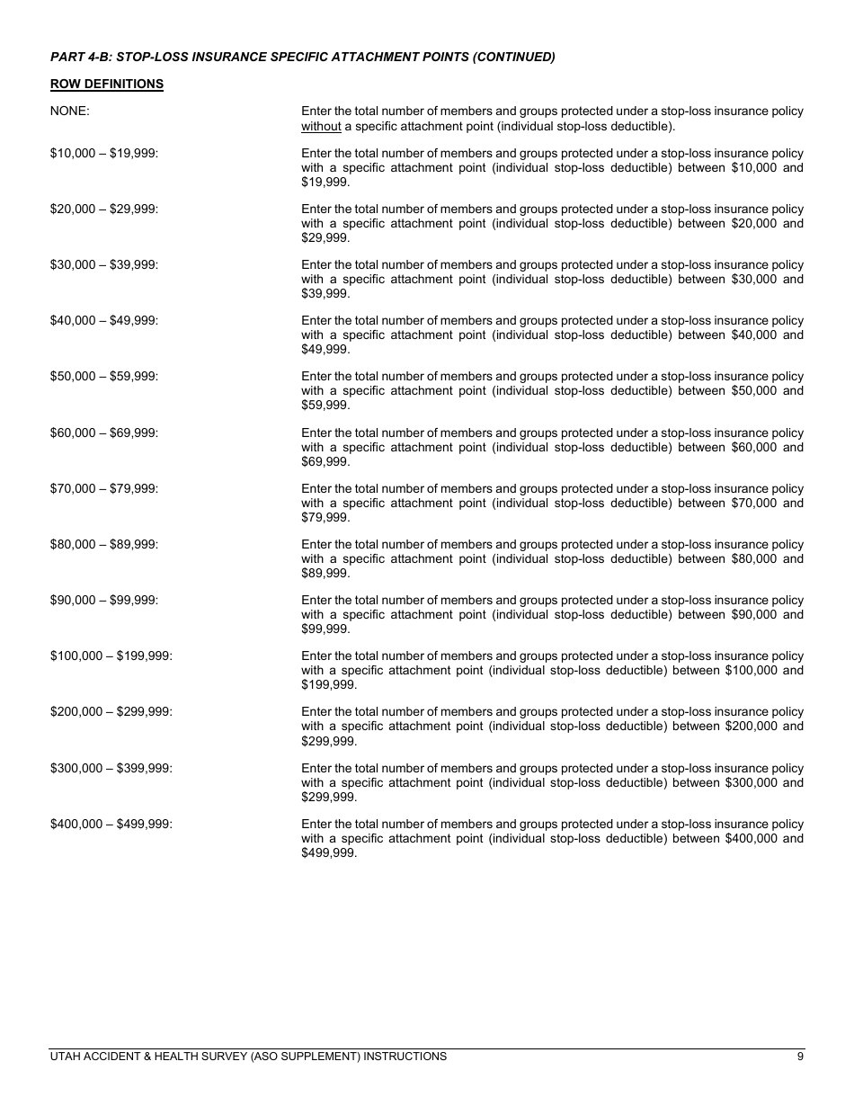 Instructions for Utah Accident and Health Survey (Aso Supplement) - Utah, Page 9