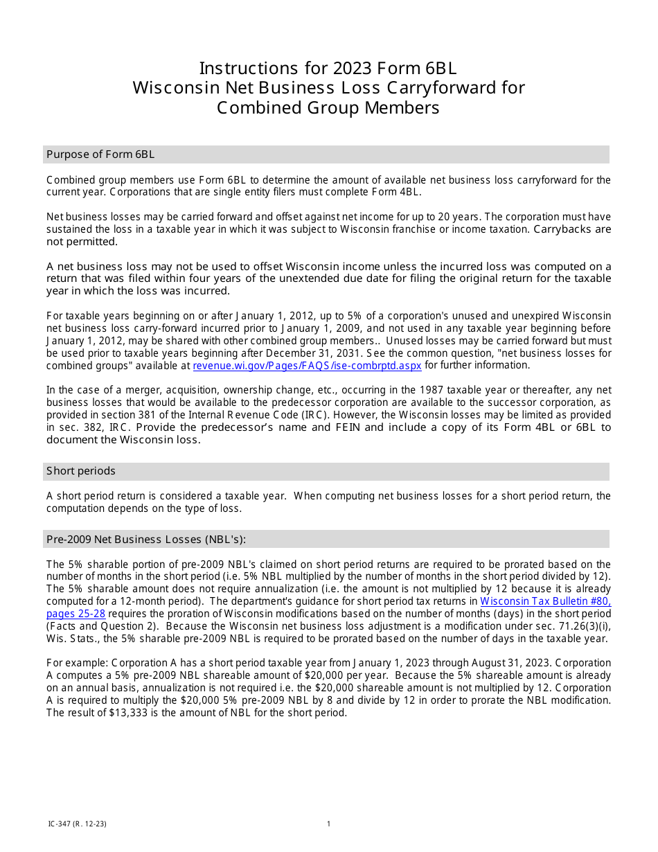 Instructions for Form 6BL, IC-247 Wisconsin Net Business Loss Carryforward for Combined Group Members - Wisconsin, Page 1