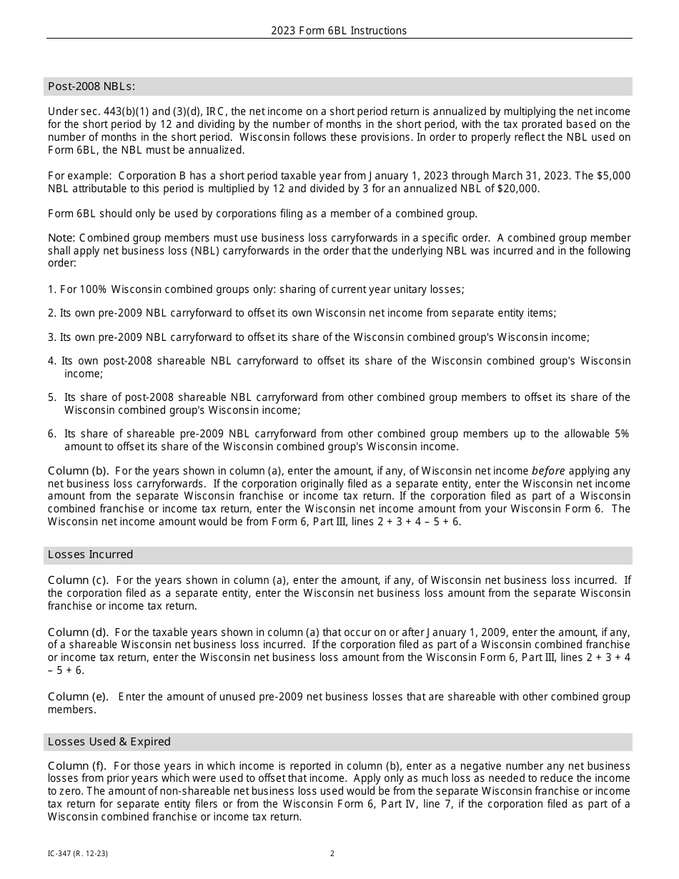 Instructions for Form 6BL, IC-247 Wisconsin Net Business Loss Carryforward for Combined Group Members - Wisconsin, Page 2