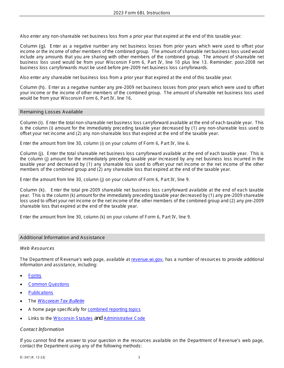 Instructions for Form 6BL, IC-247 Wisconsin Net Business Loss Carryforward for Combined Group Members - Wisconsin, Page 3