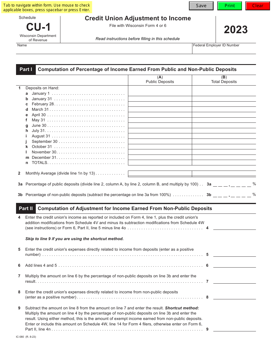Form IC-080 Schedule CU-1 Credit Union Adjustment to Income - Wisconsin, Page 1
