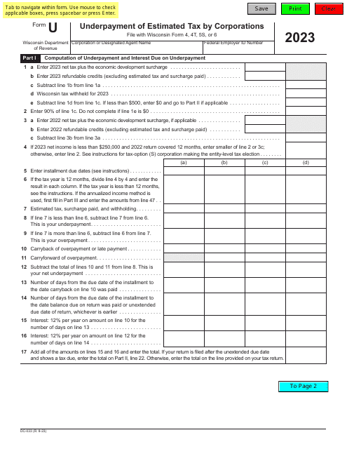 Form U (DC-033) Underpayment of Estimated Tax by Corporations - Wisconsin, 2023