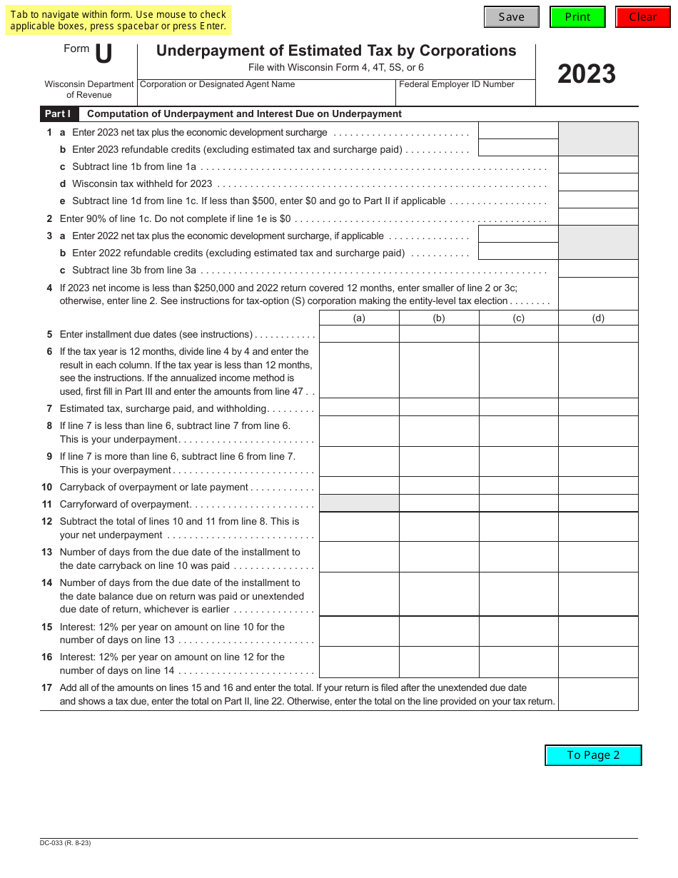 Form U (DC033) Download Fillable PDF or Fill Online Underpayment of