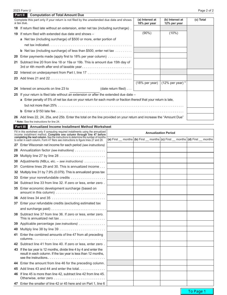Form U (DC-033) Underpayment of Estimated Tax by Corporations - Wisconsin, Page 2