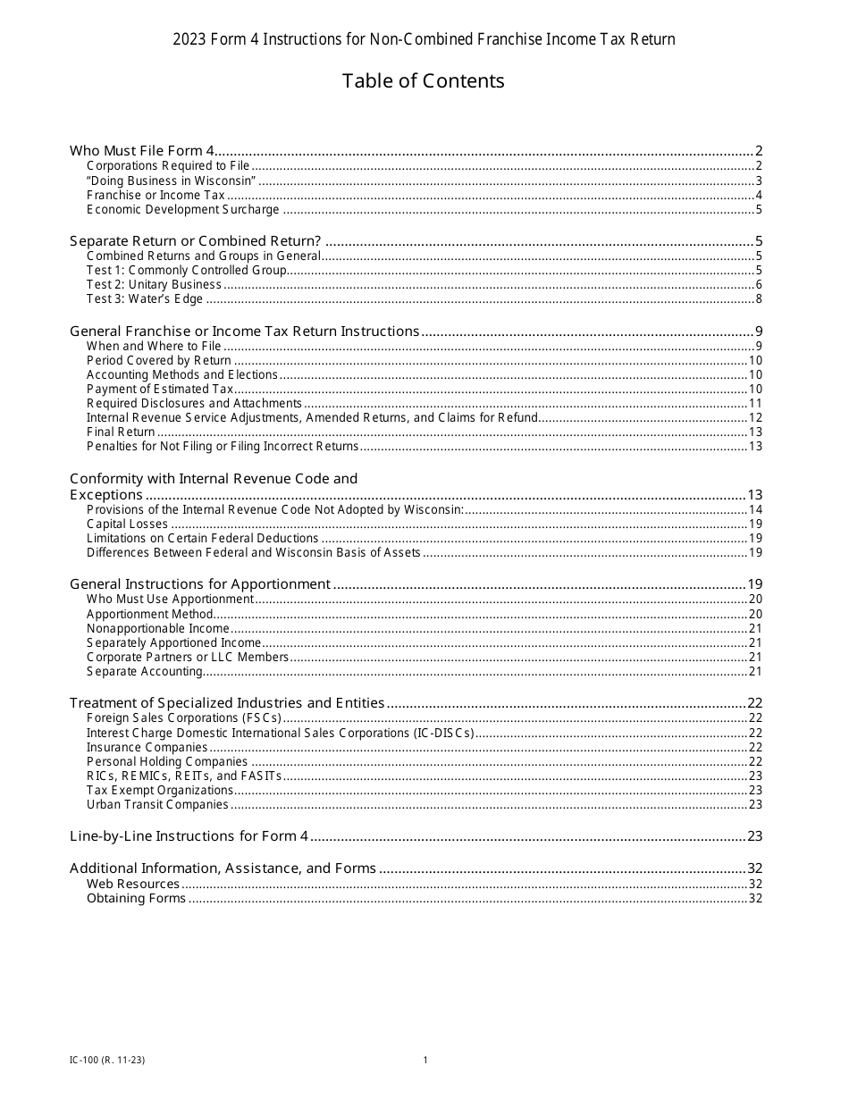 Wisconsin Form 4 Download Instructions for Form 4, IC-040 Wisconsin Non-combined ...