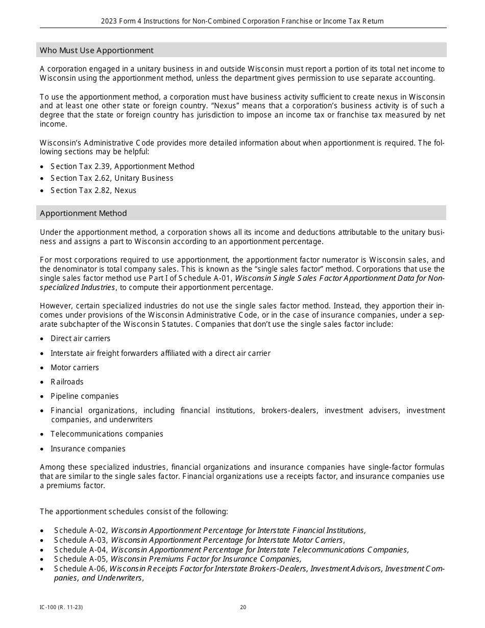 Instructions for Form 4, IC-040 Wisconsin Non-combined Corporation Franchise or Income Tax Return - Wisconsin, Page 20