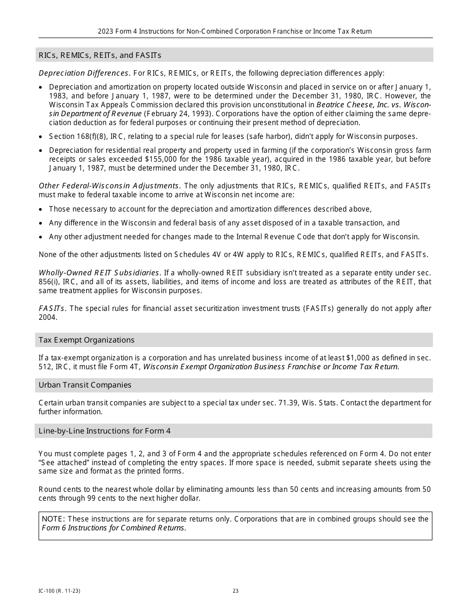 Instructions for Form 4, IC-040 Wisconsin Non-combined Corporation Franchise or Income Tax Return - Wisconsin, Page 23