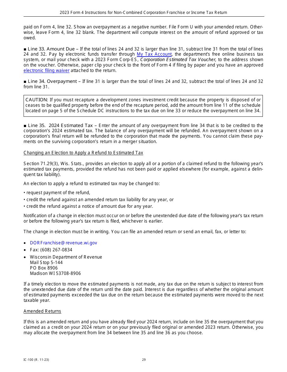 Instructions for Form 4, IC-040 Wisconsin Non-combined Corporation Franchise or Income Tax Return - Wisconsin, Page 29
