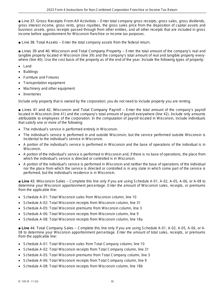 Instructions for Form 4, IC-040 Wisconsin Non-combined Corporation Franchise or Income Tax Return - Wisconsin, Page 30