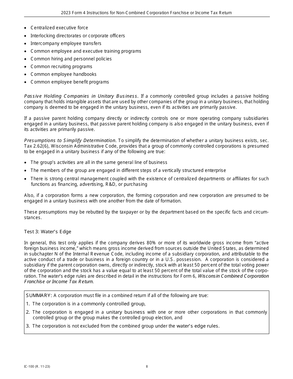 Instructions for Form 4, IC-040 Wisconsin Non-combined Corporation Franchise or Income Tax Return - Wisconsin, Page 8