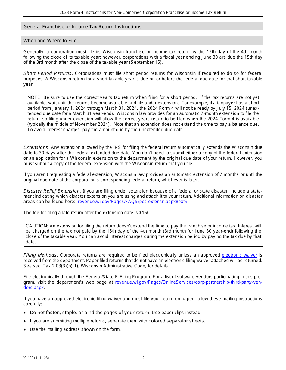 Instructions for Form 4, IC-040 Wisconsin Non-combined Corporation Franchise or Income Tax Return - Wisconsin, Page 9