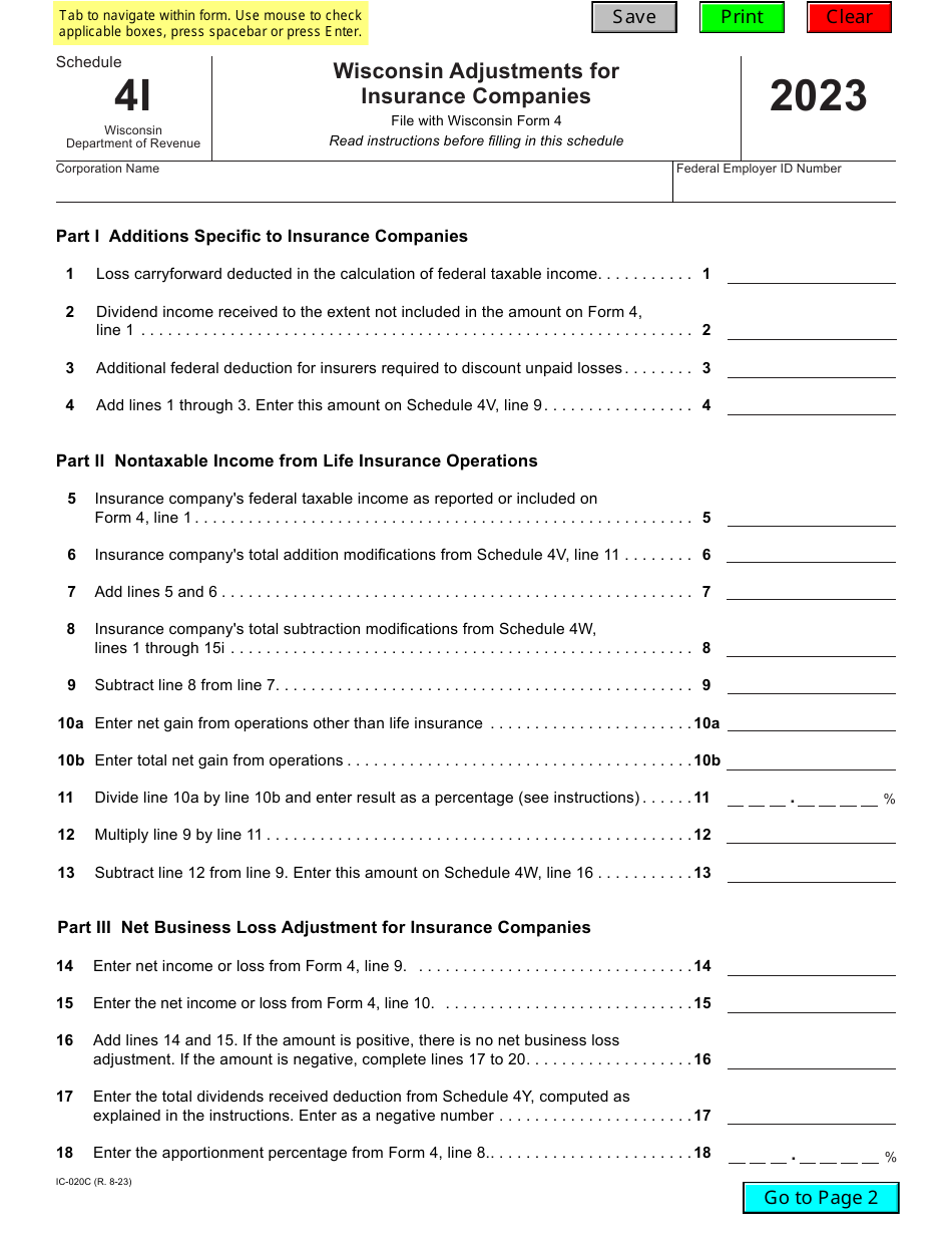 Form IC-020C Schedule 4I Wisconsin Adjustments for Insurance Companies - Wisconsin, Page 1