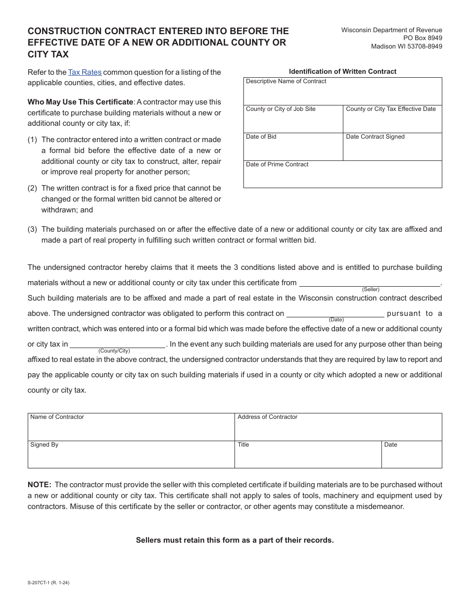 Form S-207CT-1 Construction Contract Entered Into Before the Effective Date of a New or Additional County or City Tax - Wisconsin, Page 1