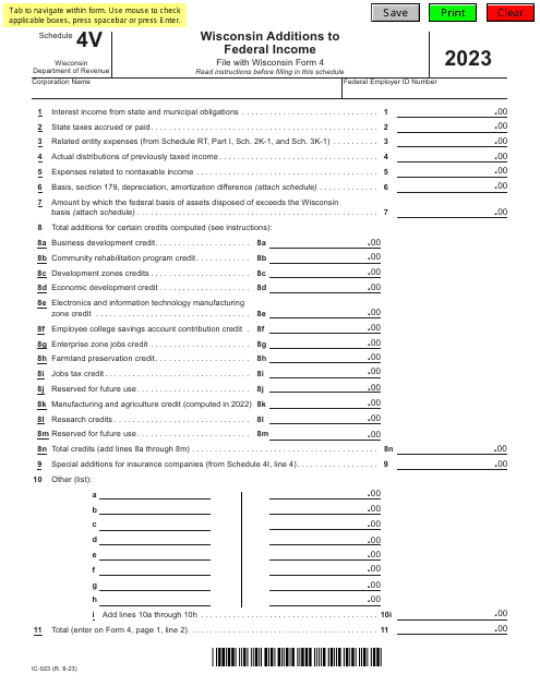 Form IC-023 Schedule 4V Wisconsin Additions to Federal Income - Wisconsin, 2023