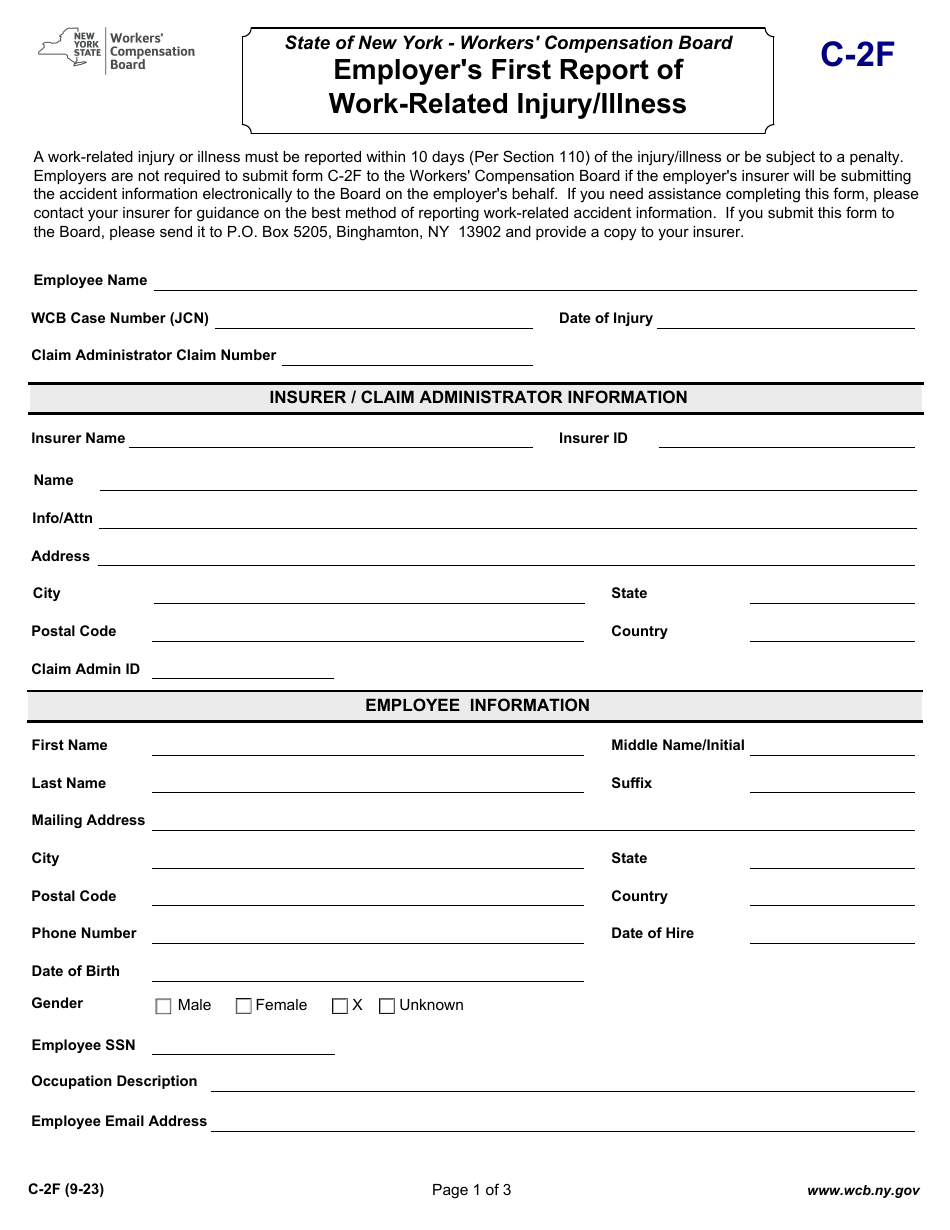 Form C-2F Employers First Report of Work-Related Injury / Illness - New York, Page 1
