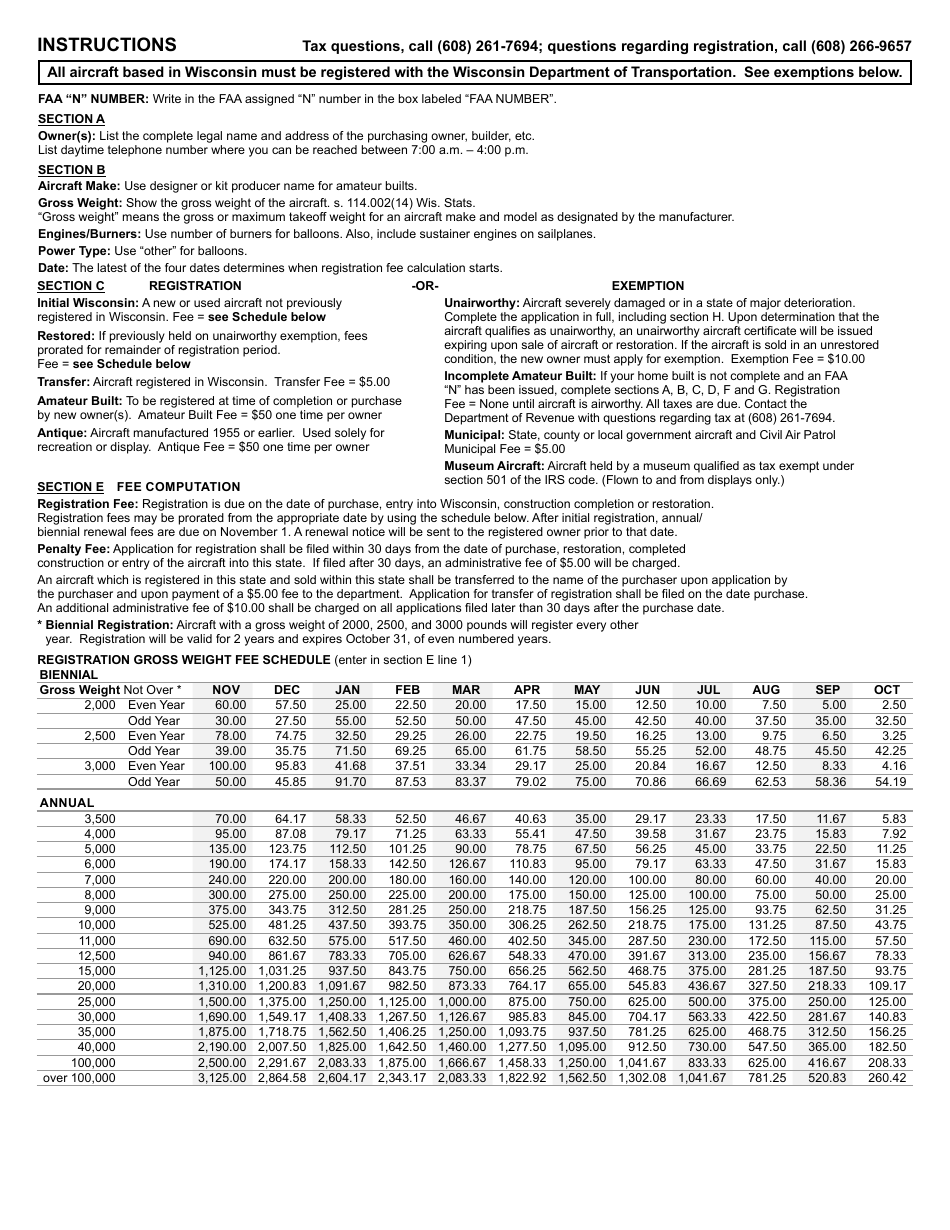 Form DT1556 Aircraft Registration or Exemption - Wisconsin, Page 1