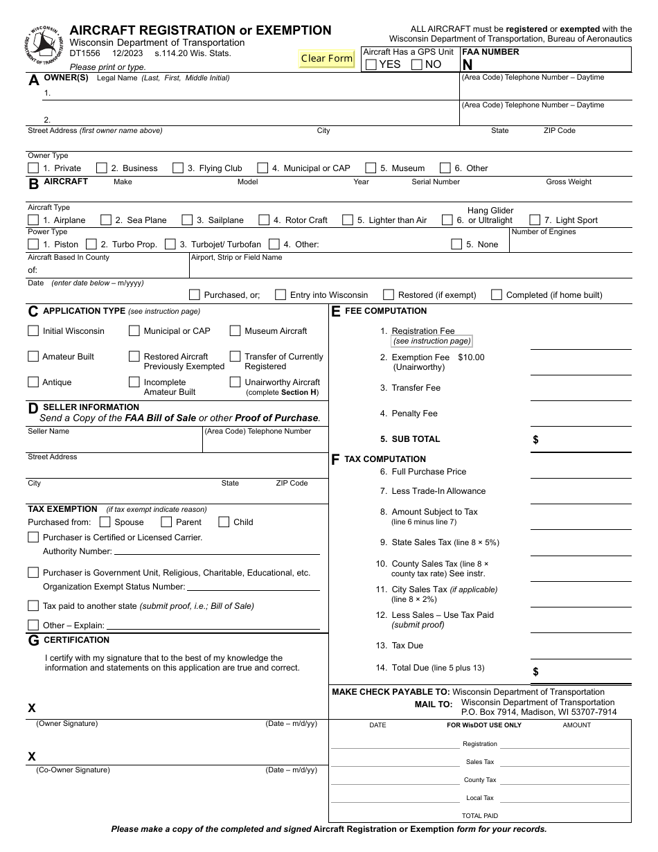 Form DT1556 Aircraft Registration or Exemption - Wisconsin, Page 3