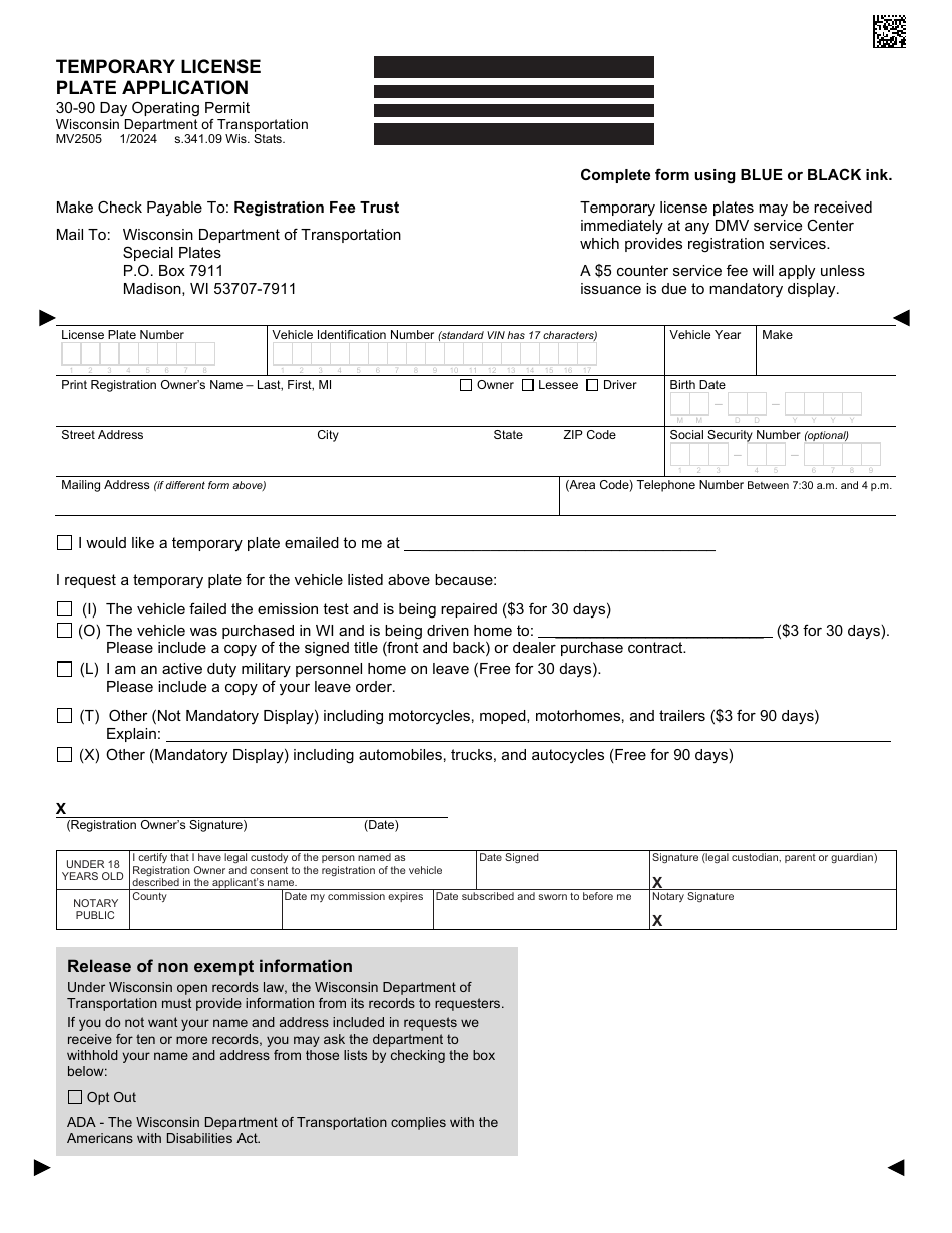 Form MV2505 Download Fillable PDF Or Fill Online Temporary License   Form Mv2505 Temporary License Plate Application Wisconsin Print Big 