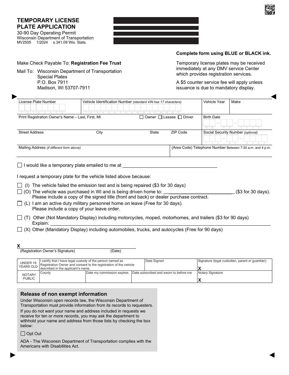 Form MV2505 Temporary License Plate Application - Wisconsin, Page 1