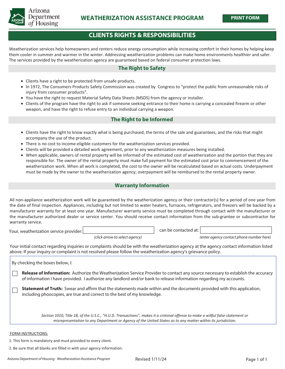 Clients Rights and Responsibilities - Weatherization Assistance Program - Arizona, Page 1
