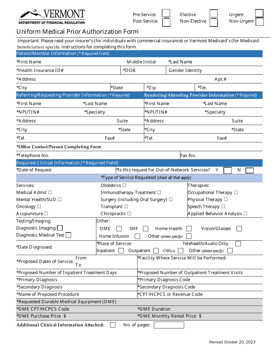 Uniform Medical Prior Authorization Form - Vermont, Page 1