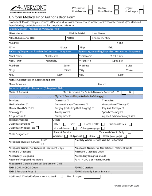 Uniform Medical Prior Authorization Form - Vermont Download Pdf