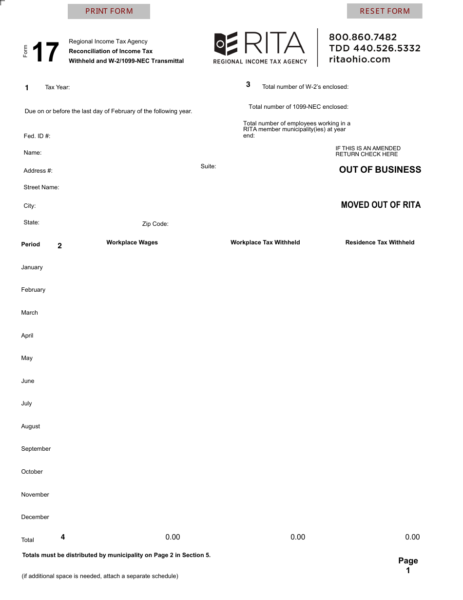 Form 17 Reconciliation of Income Tax Withheld and W-2 / 1099-nec Transmittal - Ohio, Page 1