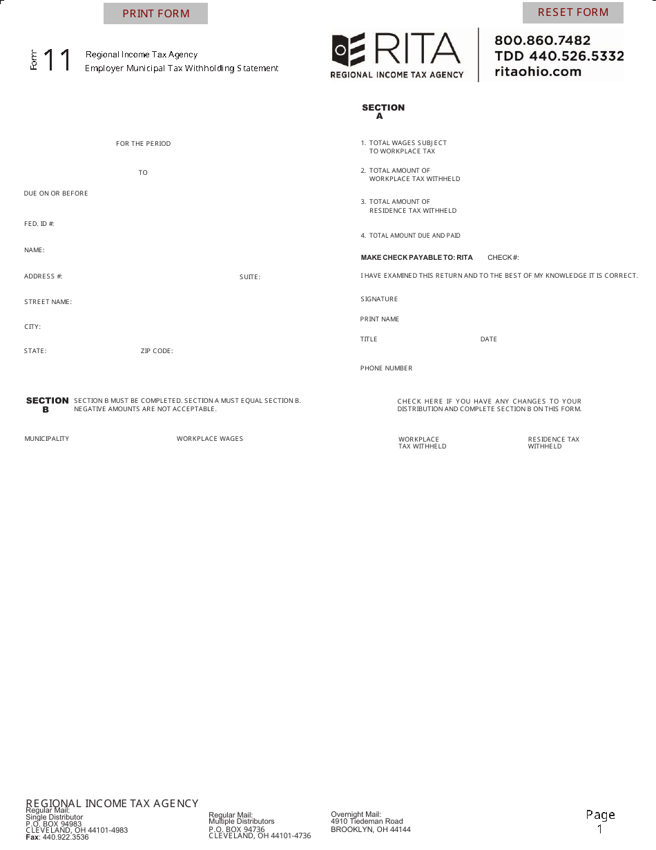 Form 11 Employer Municipal Tax Withholding Statement - Ohio, Page 1