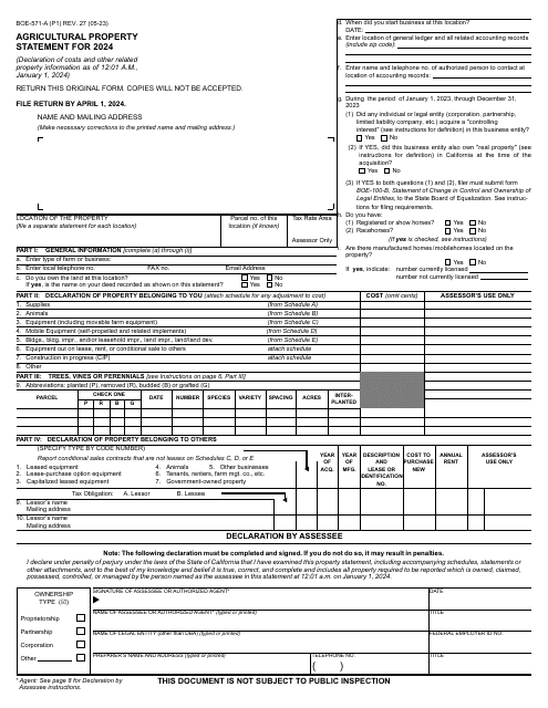 Form BOE-571-A Agricultural Property Statement - California, 2024