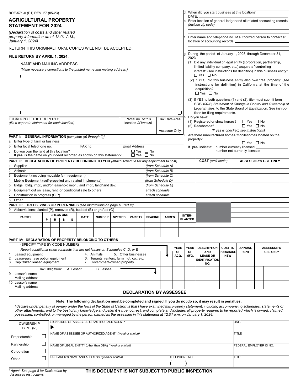 Form BOE-571-A Agricultural Property Statement - California, Page 1