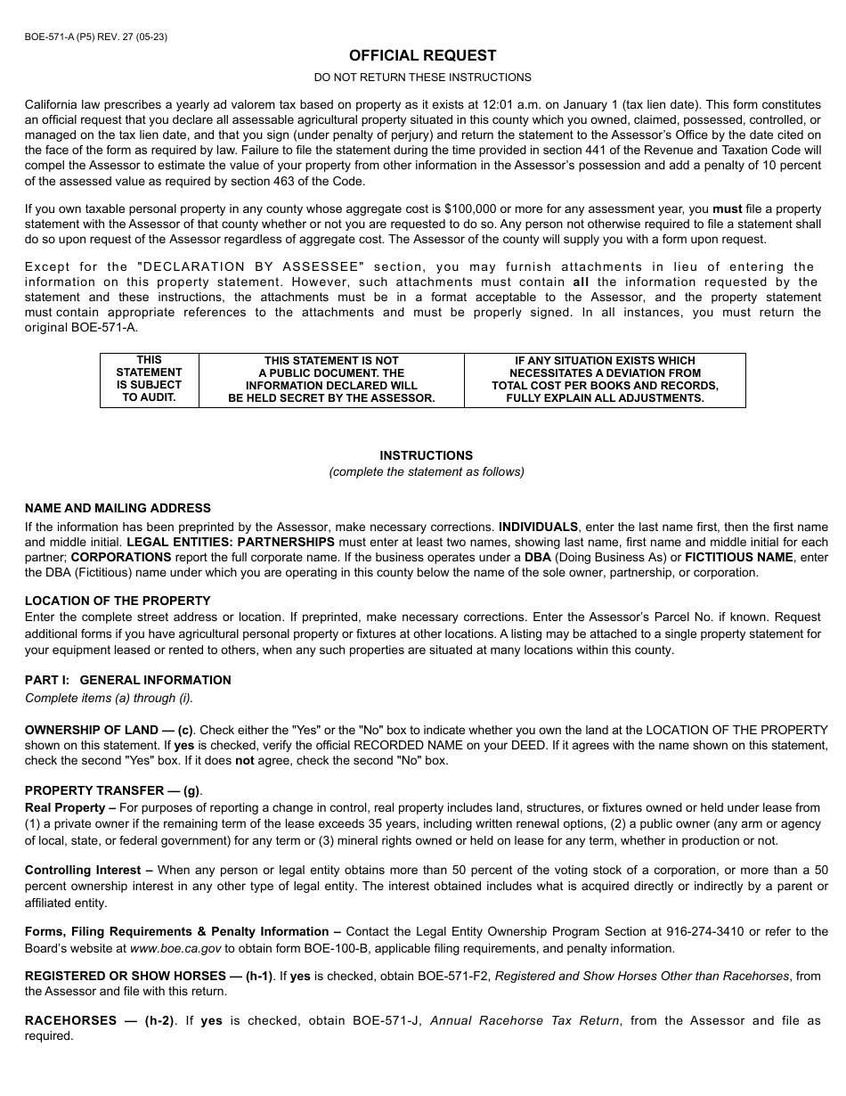 Form BOE-571-A Agricultural Property Statement - California, Page 5
