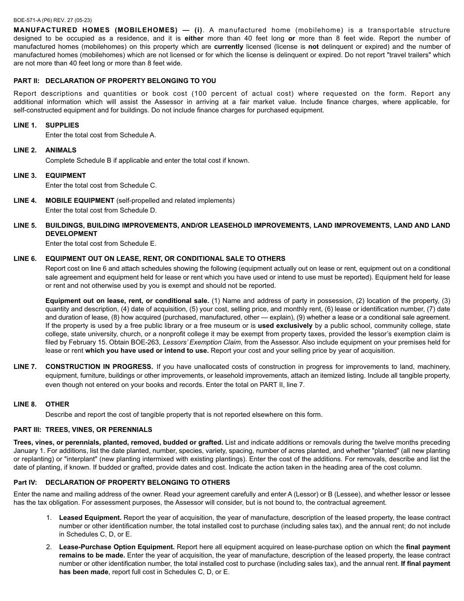Form BOE-571-A Agricultural Property Statement - California, Page 6