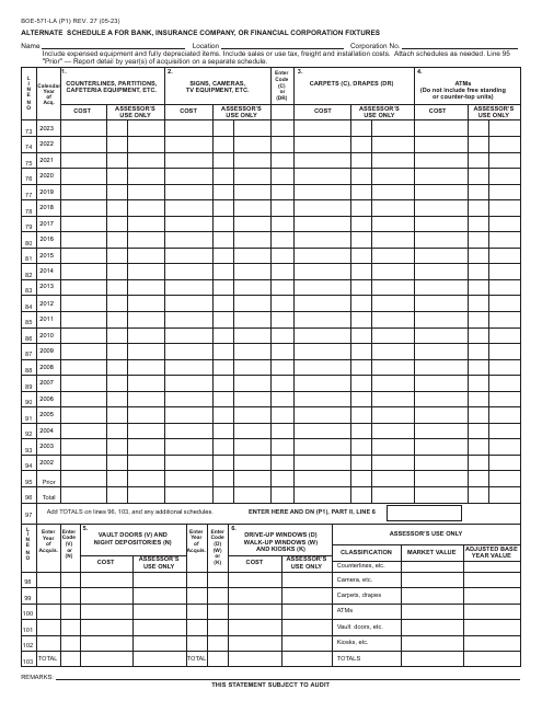 Form BOE-571-LA Alternate Schedule a for Bank, Insurance Company, or Financial Corporation Fixtures - California