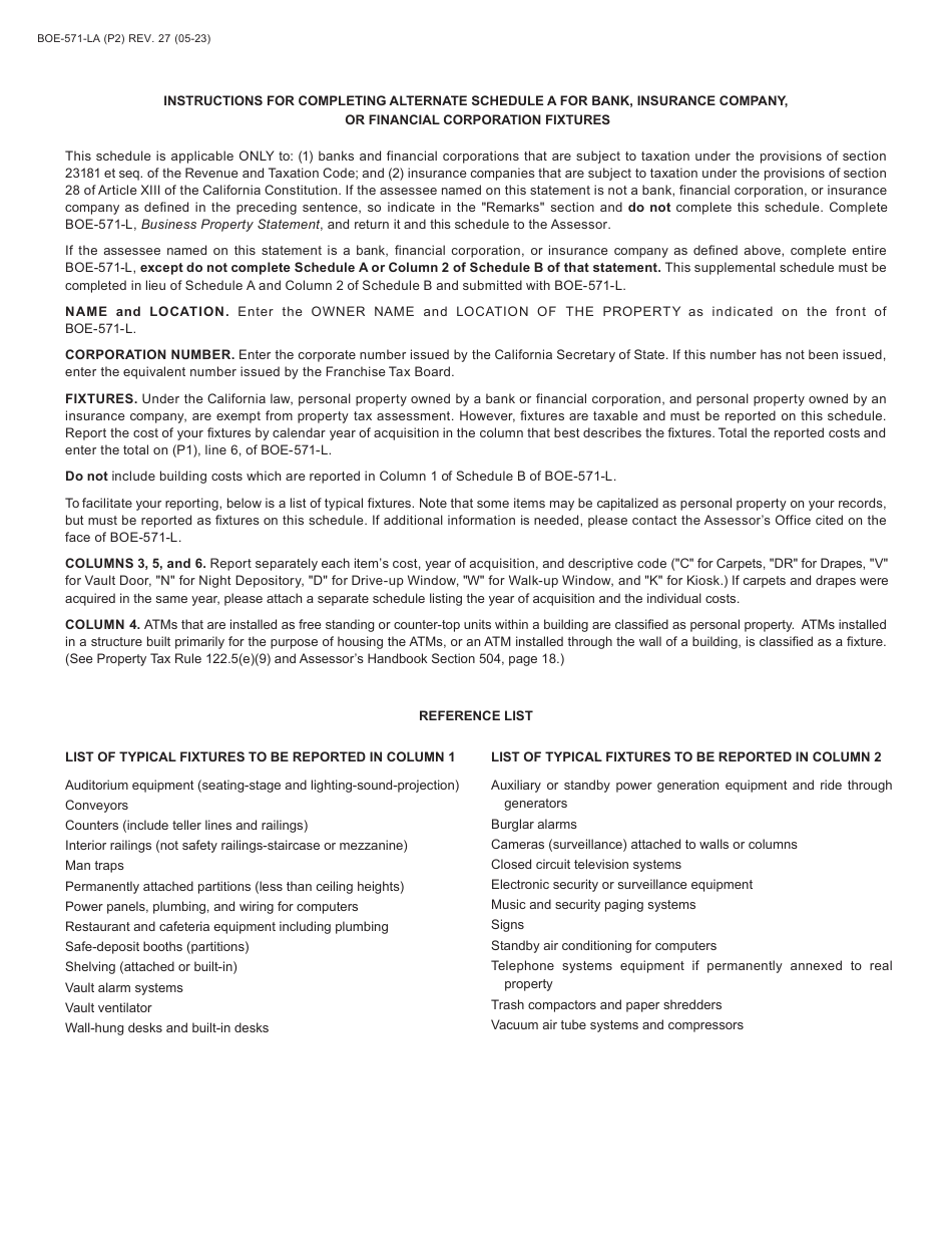 Form BOE-571-LA Alternate Schedule a for Bank, Insurance Company, or Financial Corporation Fixtures - California, Page 2