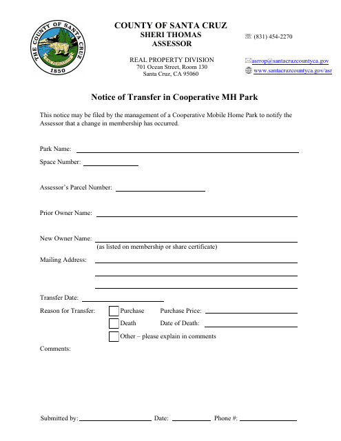Notice of Transfer in Cooperative Mh Park - Santa Cruz County, California Download Pdf