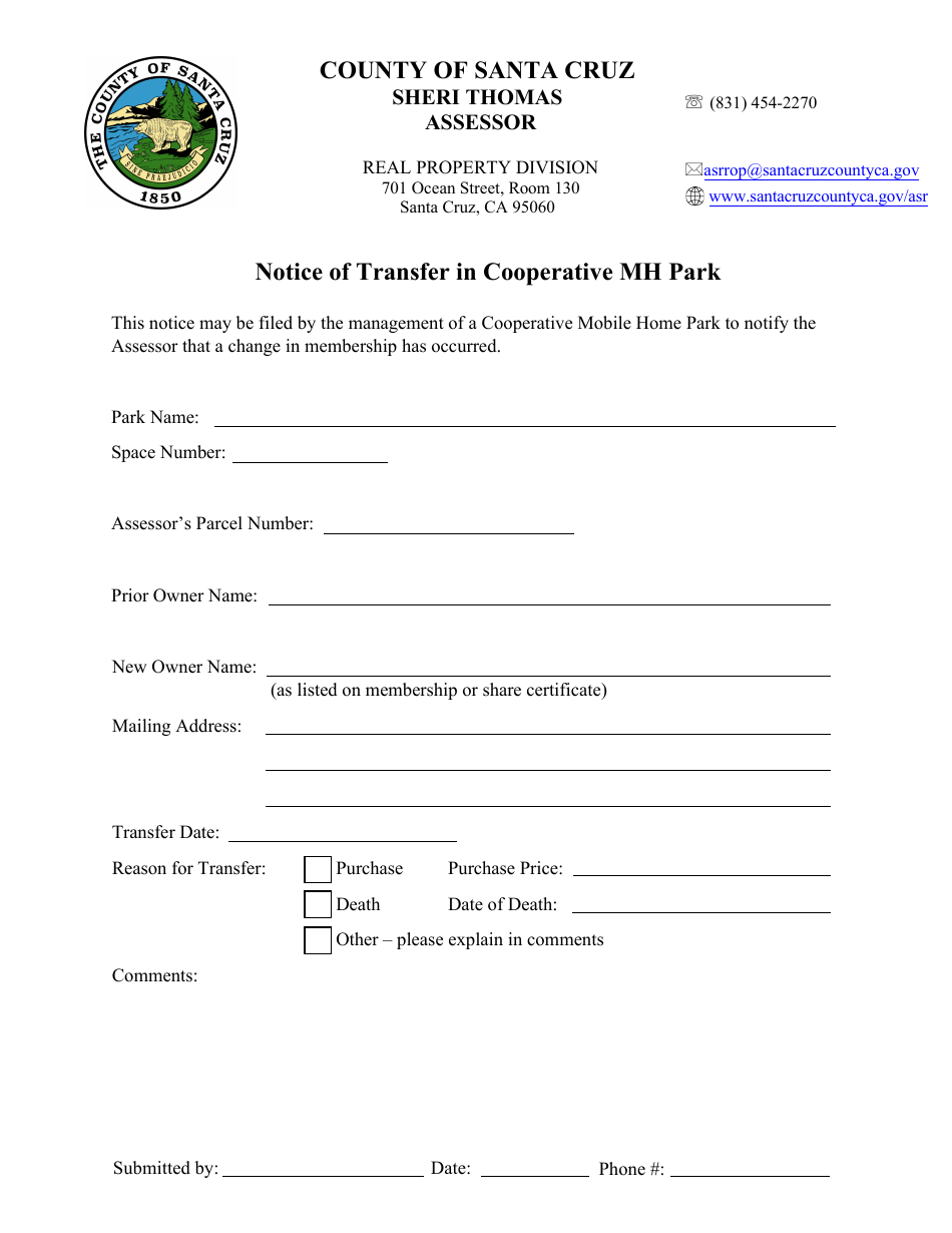 Notice of Transfer in Cooperative Mh Park - Santa Cruz County, California, Page 1