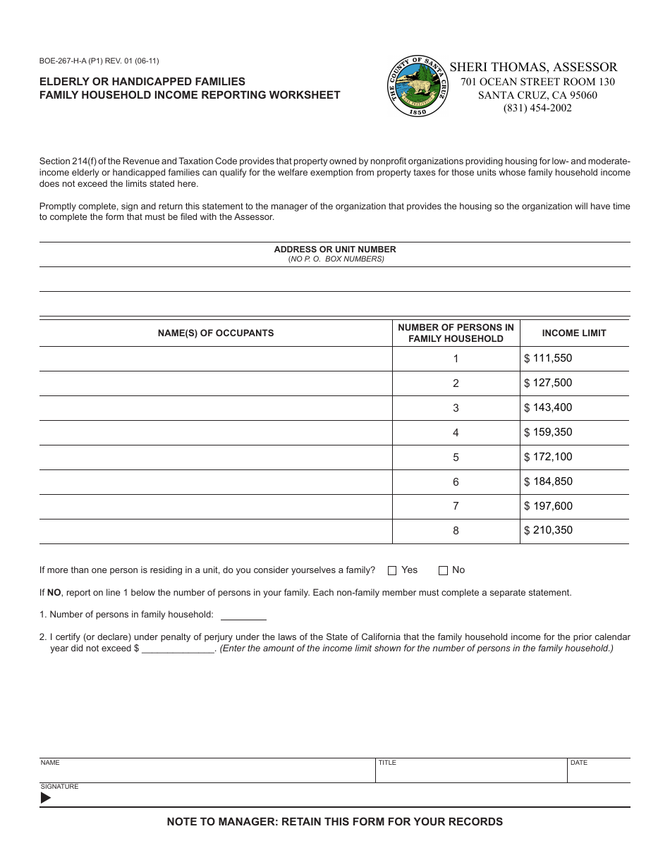 Form BOE-267-H-A Elderly or Handicapped Families Family Household Income Reporting Worksheet - County of Santa Cruz, California, Page 1