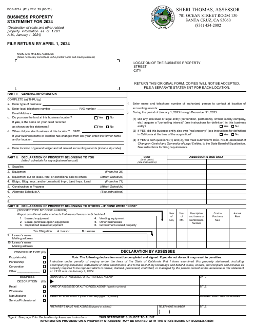 Form BOE-571-L Business Property Statement - County of Santa Cruz, California, 2024