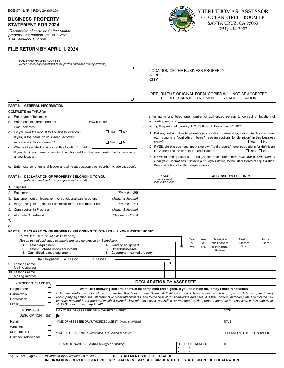Form BOE-571-L Business Property Statement - County of Santa Cruz, California, Page 1