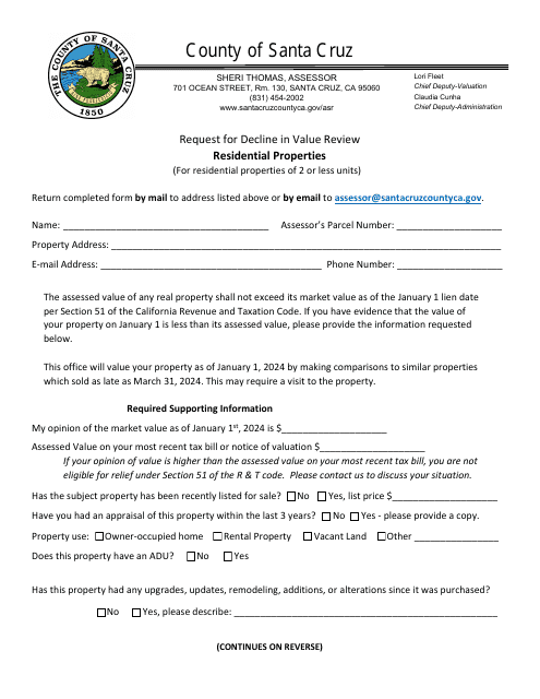 Request for Decline in Value Review - Residential Properties (For Residential Properties of 2 or Less Units) - County of Santa Cruz, California Download Pdf