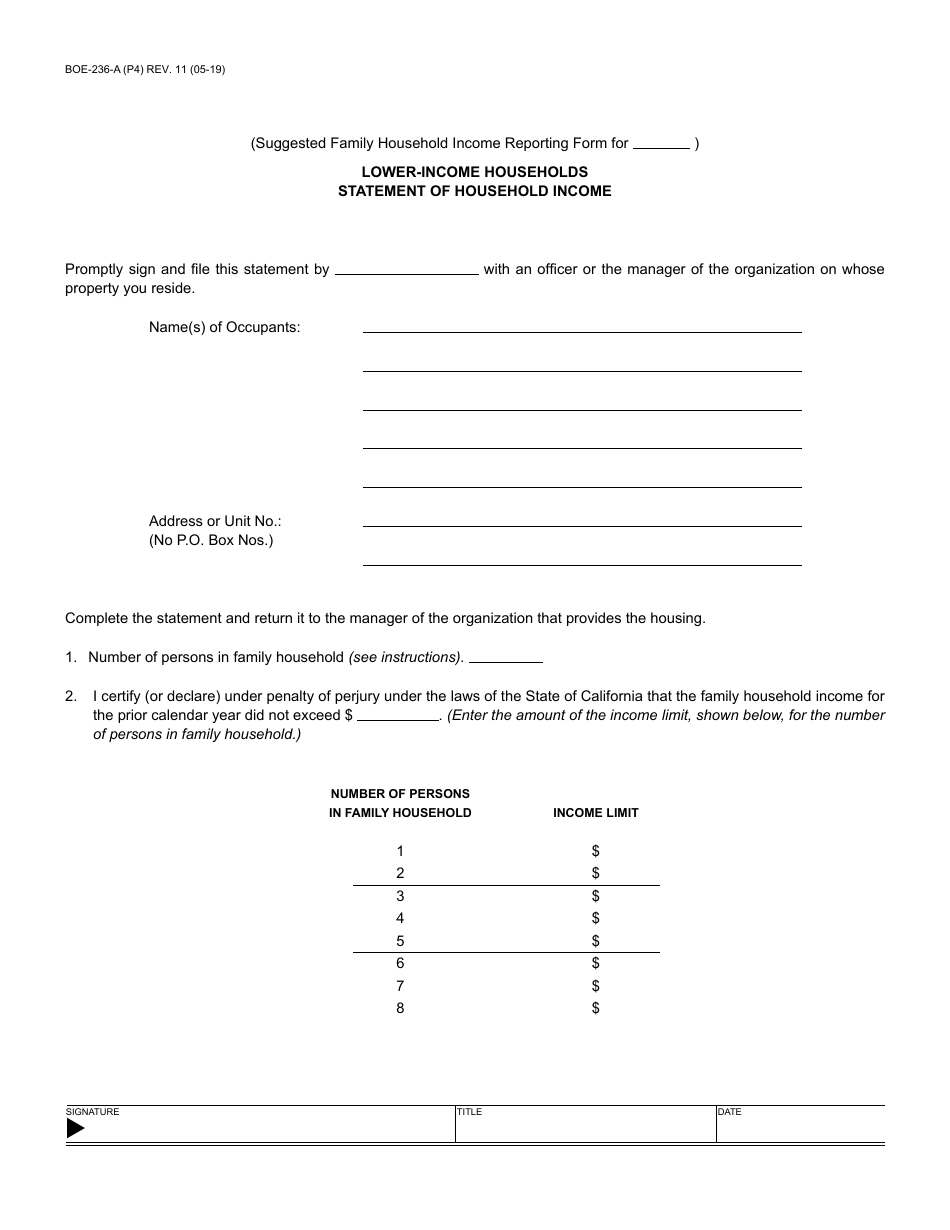 Form BOE-236-A Supplemental Affidavit for Boe-236 Housing - Lower-Income Households Eligibility Based on Family Household Income (Yearly Filing) - County of Santa Cruz, California, Page 4