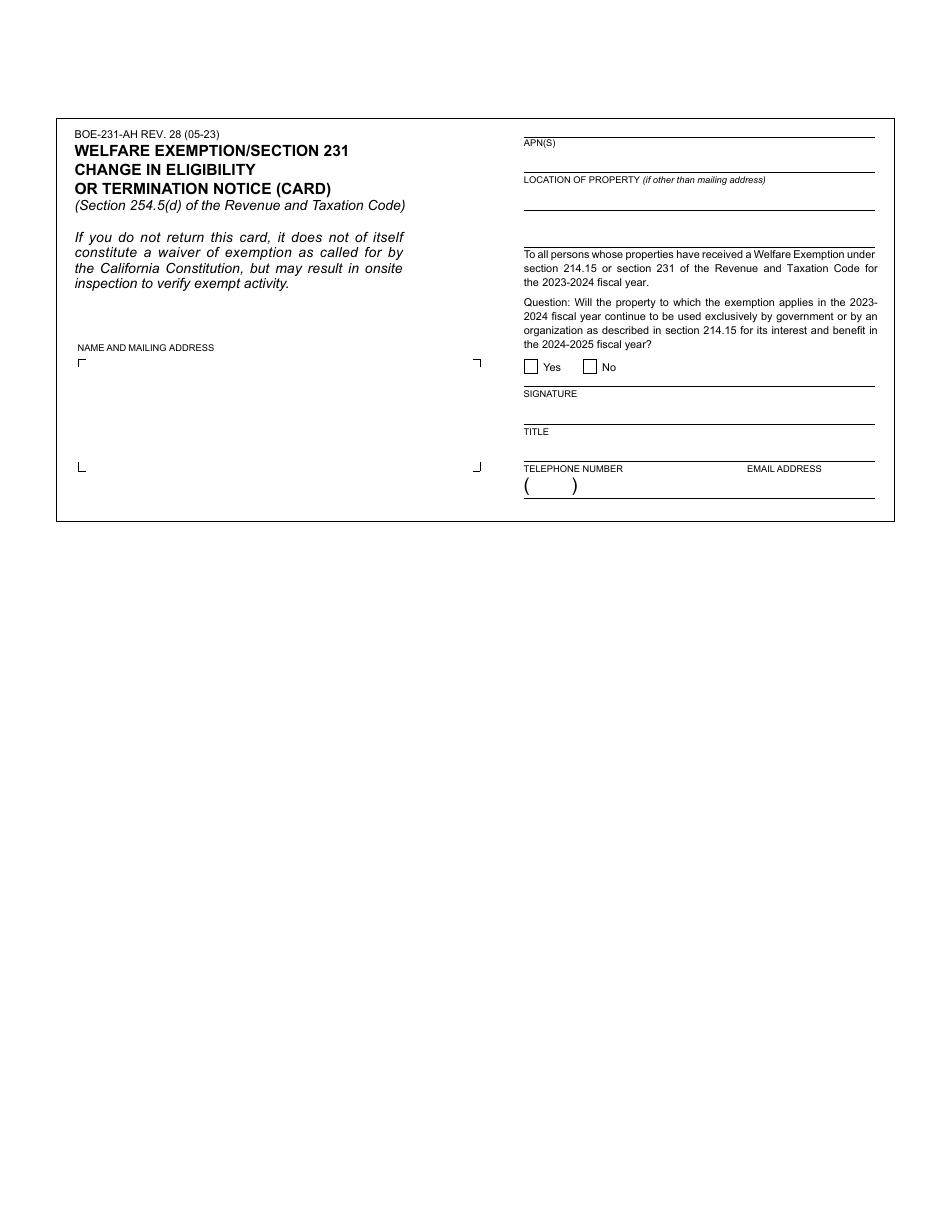 Form BOE-231-AH Download Fillable PDF or Fill Online Welfare Exemption ...