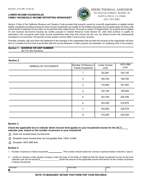 Form BOE-267-L-A Lower Income Households Family Household Income Reporting Worksheet - County of Santa Cruz, California