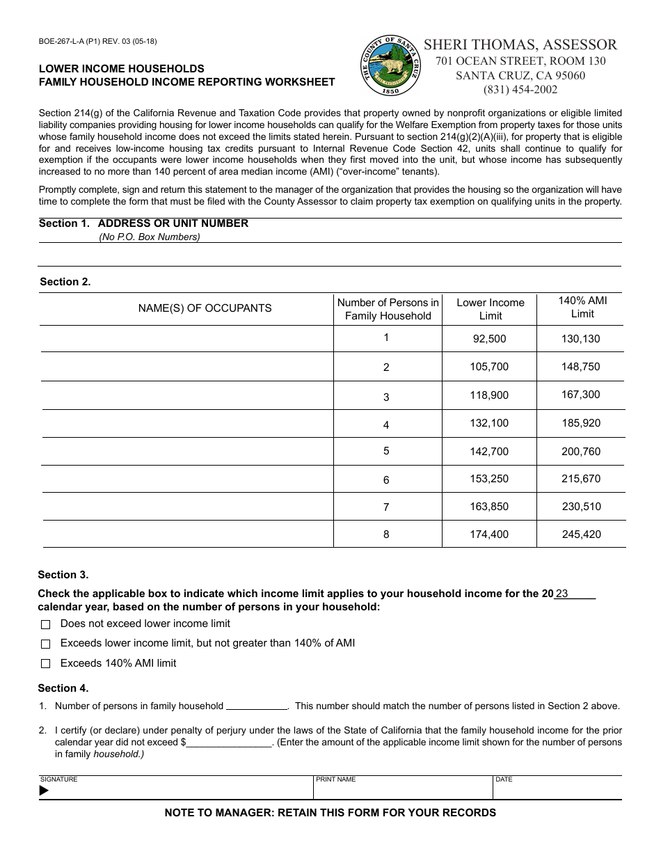 Form BOE-267-L-A Lower Income Households Family Household Income Reporting Worksheet - County of Santa Cruz, California, Page 1