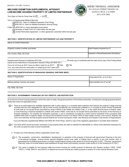 Form BOE-267-L1 Welfare Exemption Supplemental Affidavit, Low-Income Housing Property of Limited Partnership - County of Santa Cruz, California