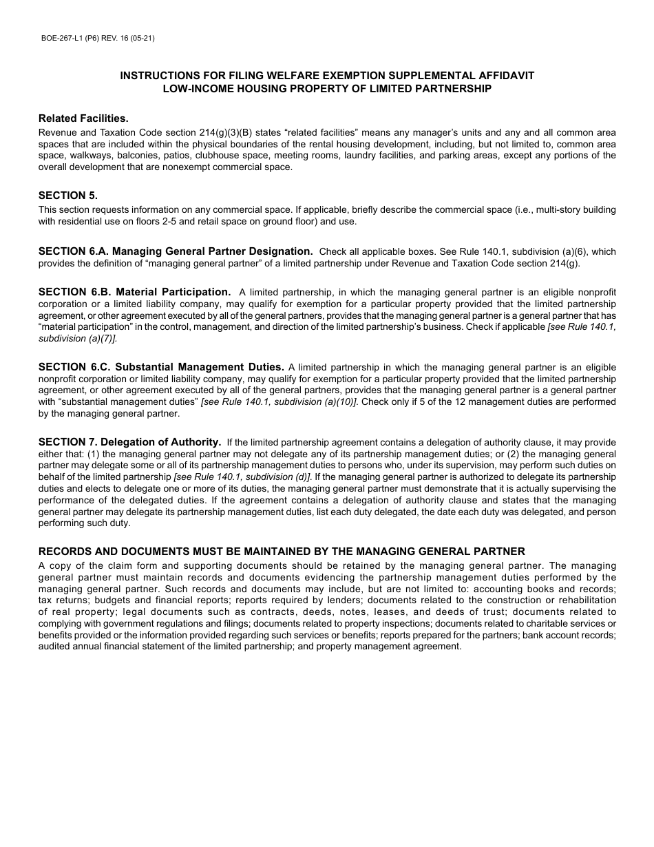 Form BOE-267-L1 Welfare Exemption Supplemental Affidavit, Low-Income Housing Property of Limited Partnership - County of Santa Cruz, California, Page 6